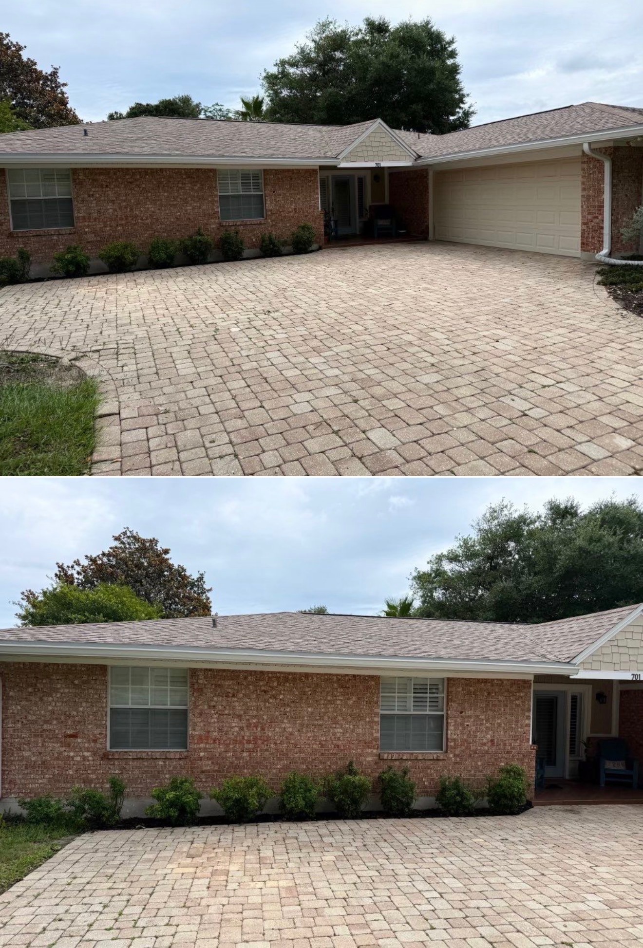 Brick ranch home front exterior before and after driveway pressure washing